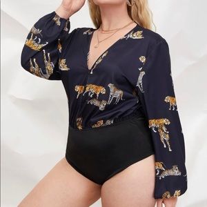 SHEIN V-Neck Tiger Print Navy Bodysuit